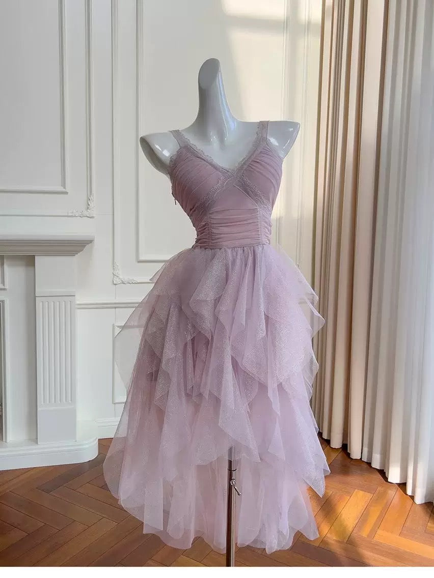 Hermosos vestidos de verano de tul lila sin mangas con escote corazón, de corte alto y bajo, para adolescentes, para cumpleaños número 16, vestido Hoco, atuendo para cumpleaños número 18, vestidos de cóctel para mujeres W911
