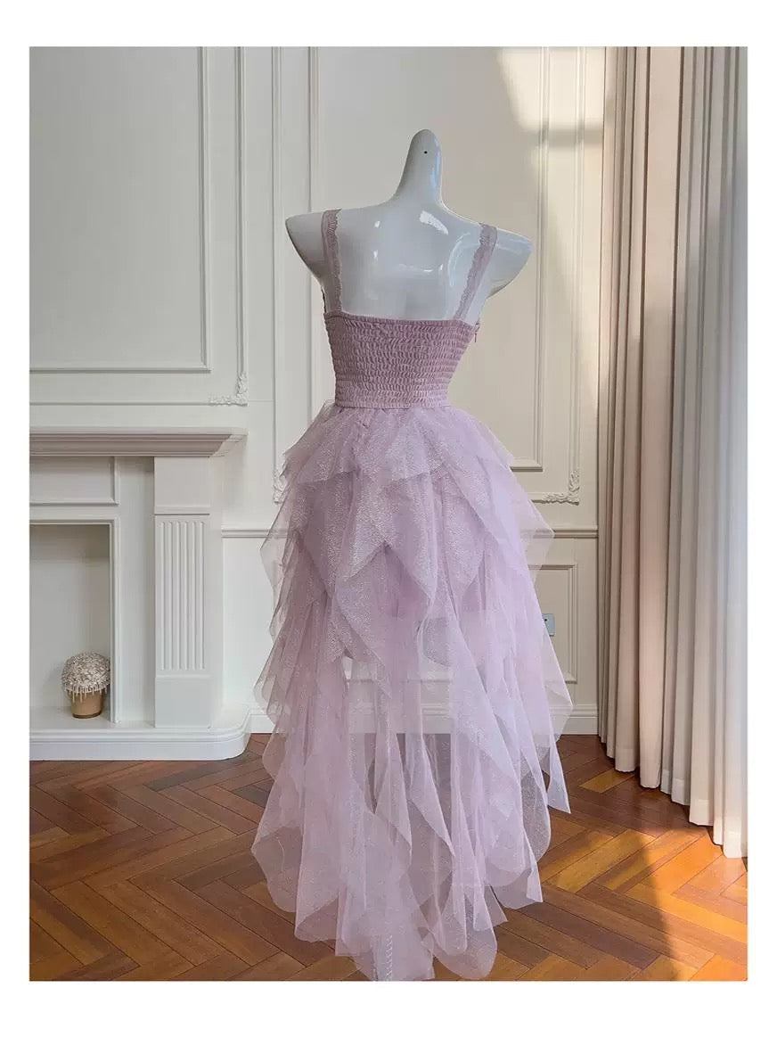 Hermosos vestidos de verano de tul lila sin mangas con escote corazón, de corte alto y bajo, para adolescentes, para cumpleaños número 16, vestido Hoco, atuendo para cumpleaños número 18, vestidos de cóctel para mujeres W911