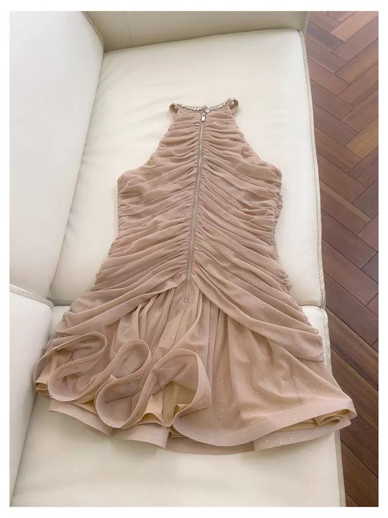 Bonito vestido de verano para adolescentes, con cuello alto y corte entallado, color champán, para 16 cumpleaños, minivestido para 18 cumpleaños, vestidos de cóctel para mujer W914