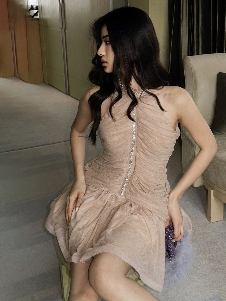 Bonito vestido de verano para adolescentes, con cuello alto y corte entallado, color champán, para 16 cumpleaños, minivestido para 18 cumpleaños, vestidos de cóctel para mujer W914
