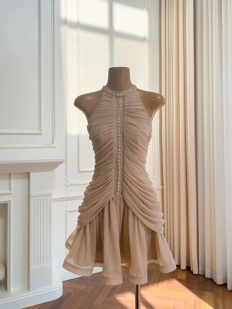 Bonito vestido de verano para adolescentes, con cuello alto y corte entallado, color champán, para 16 cumpleaños, minivestido para 18 cumpleaños, vestidos de cóctel para mujer W914
