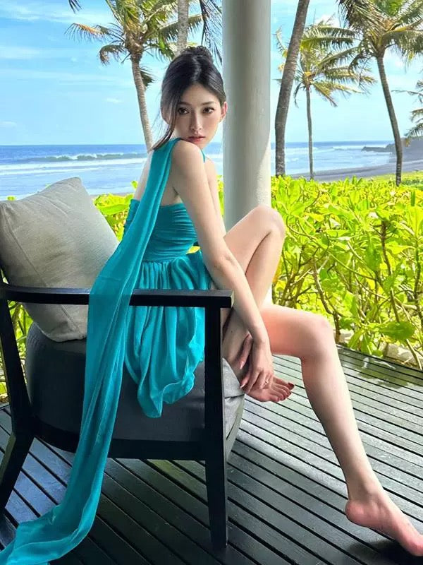 Bonito vestido de verano azul de gasa sin tirantes, corte A, para adolescentes, para 16 cumpleaños, minivestido de cóctel para 18 cumpleaños, W916