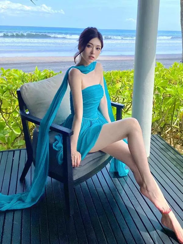 Bonito vestido de verano azul de gasa sin tirantes, corte A, para adolescentes, para 16 cumpleaños, minivestido de cóctel para 18 cumpleaños, W916