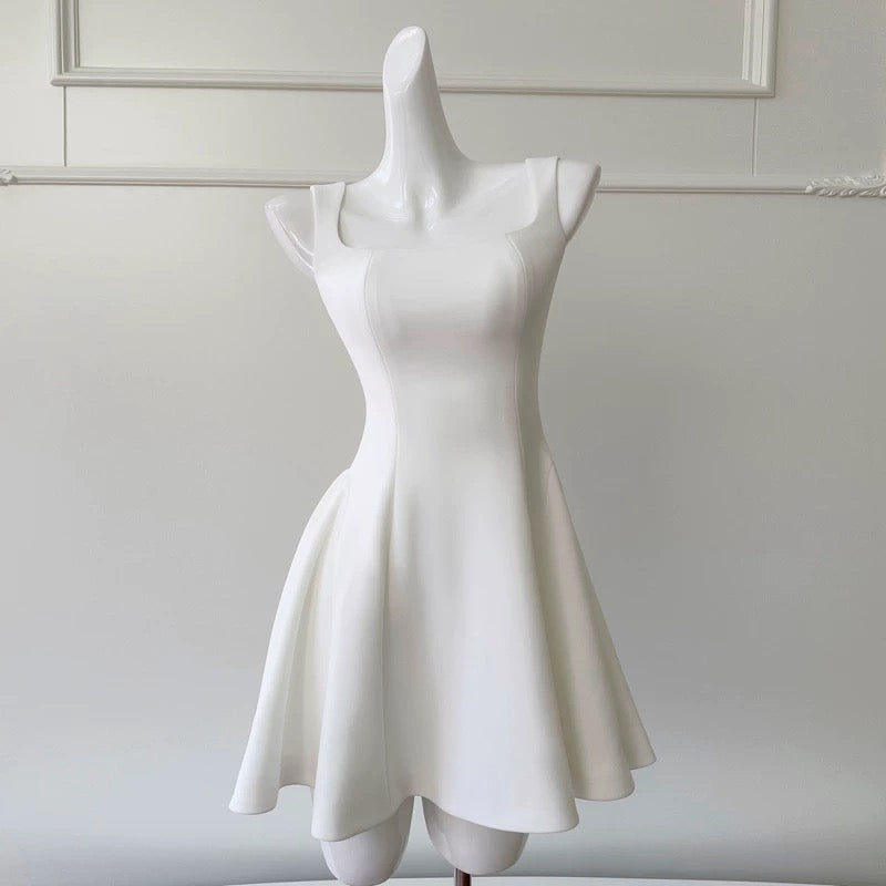 Vestido de fiesta de verano de satén blanco, sin mangas, estilo formal, corto, de corte A, cuadrado, para octavo grado, para escuela secundaria, cóctel, cumpleaños, W919