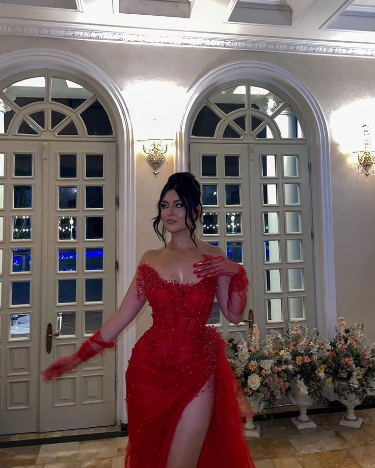 Vestido de fiesta de verano con escote corazón, lentejuelas rojas, abertura y guantes, estilo sirena, para 20 cumpleaños, W980