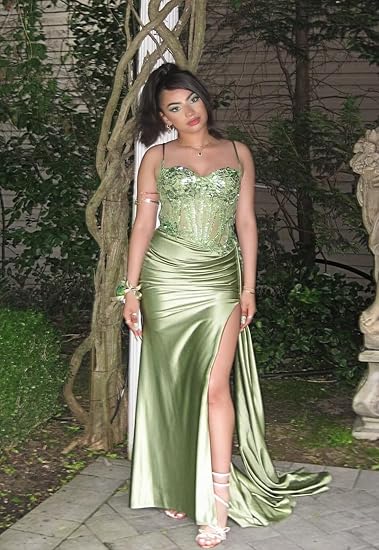 Vestido de fiesta de verano con escote sirena, tirantes finos, satén verde menta, aberturas laterales, para 20 cumpleaños, W994