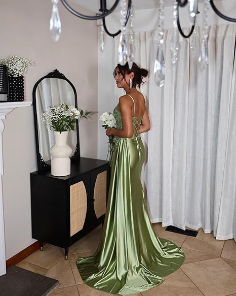Vestido de fiesta de verano con escote sirena, tirantes finos, satén verde menta, aberturas laterales, para 20 cumpleaños, W994