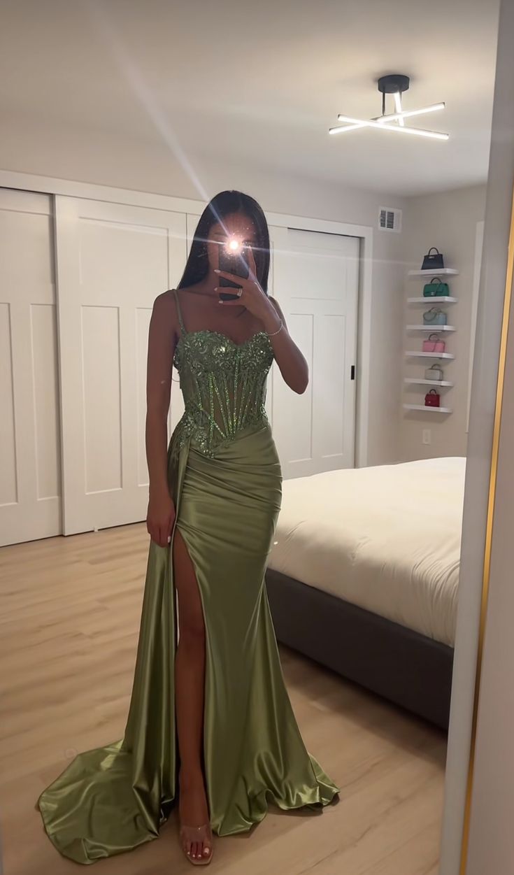 Vestido de fiesta de verano con escote sirena, tirantes finos, satén verde menta, aberturas laterales, para 20 cumpleaños, W994