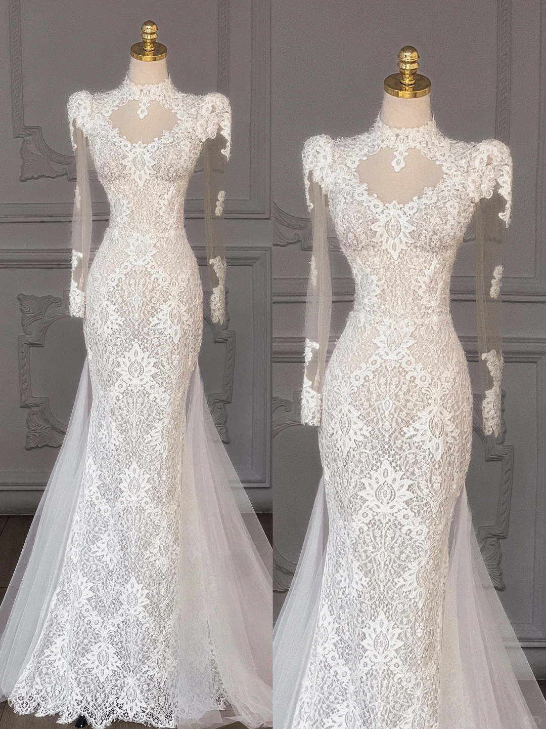 Hermoso vestido de novia de sirena, mangas largas, encaje, verano, blanco, WD022