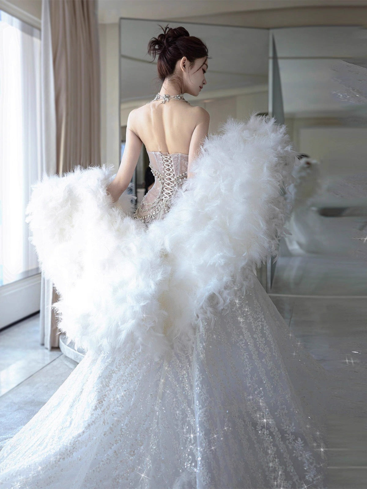 Vestido de novia retro de sirena con escote corazón y lentejuelas, largo blanco, WD044