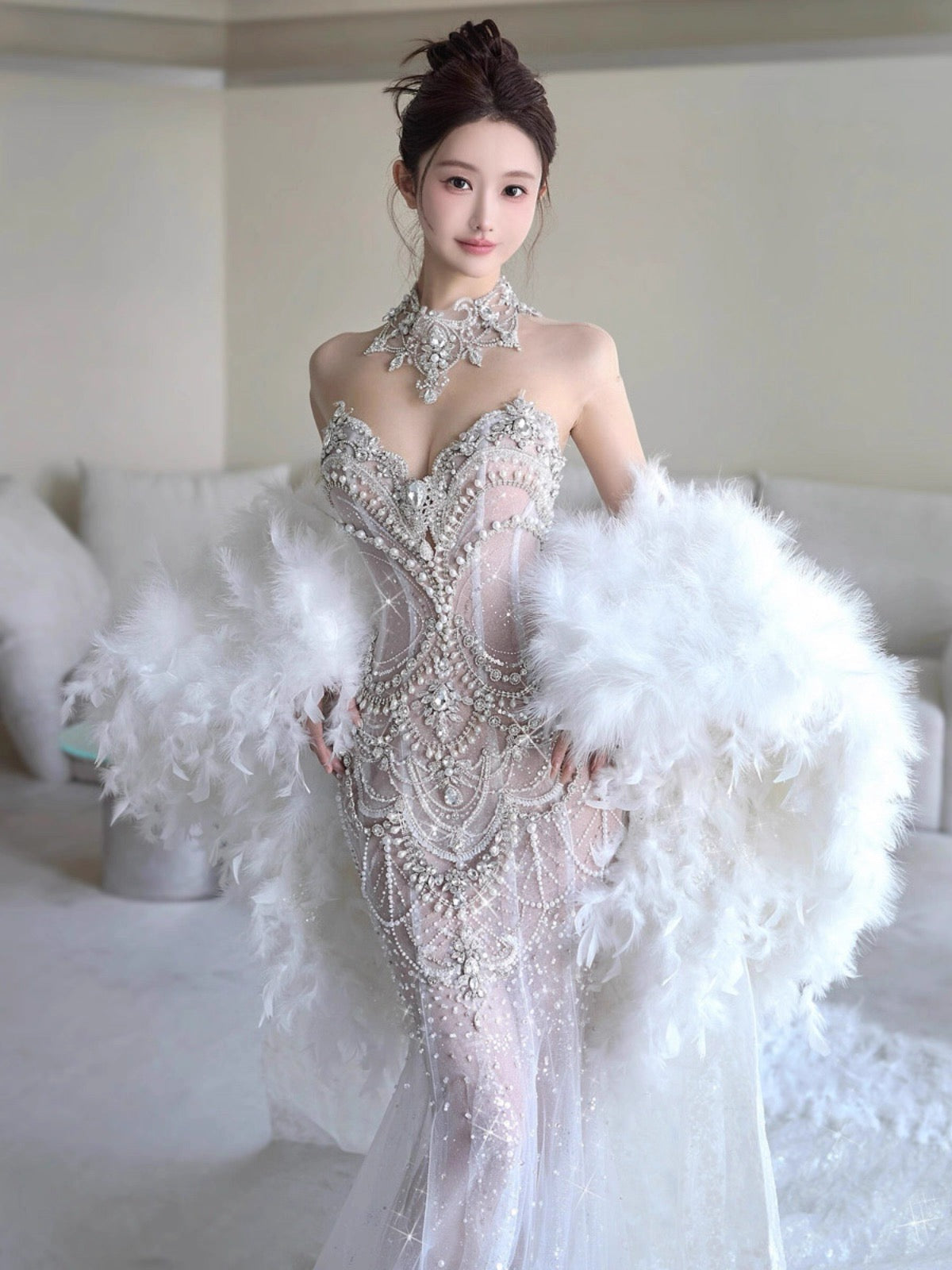 Vestido de novia retro de sirena con escote corazón y lentejuelas, largo blanco, WD044