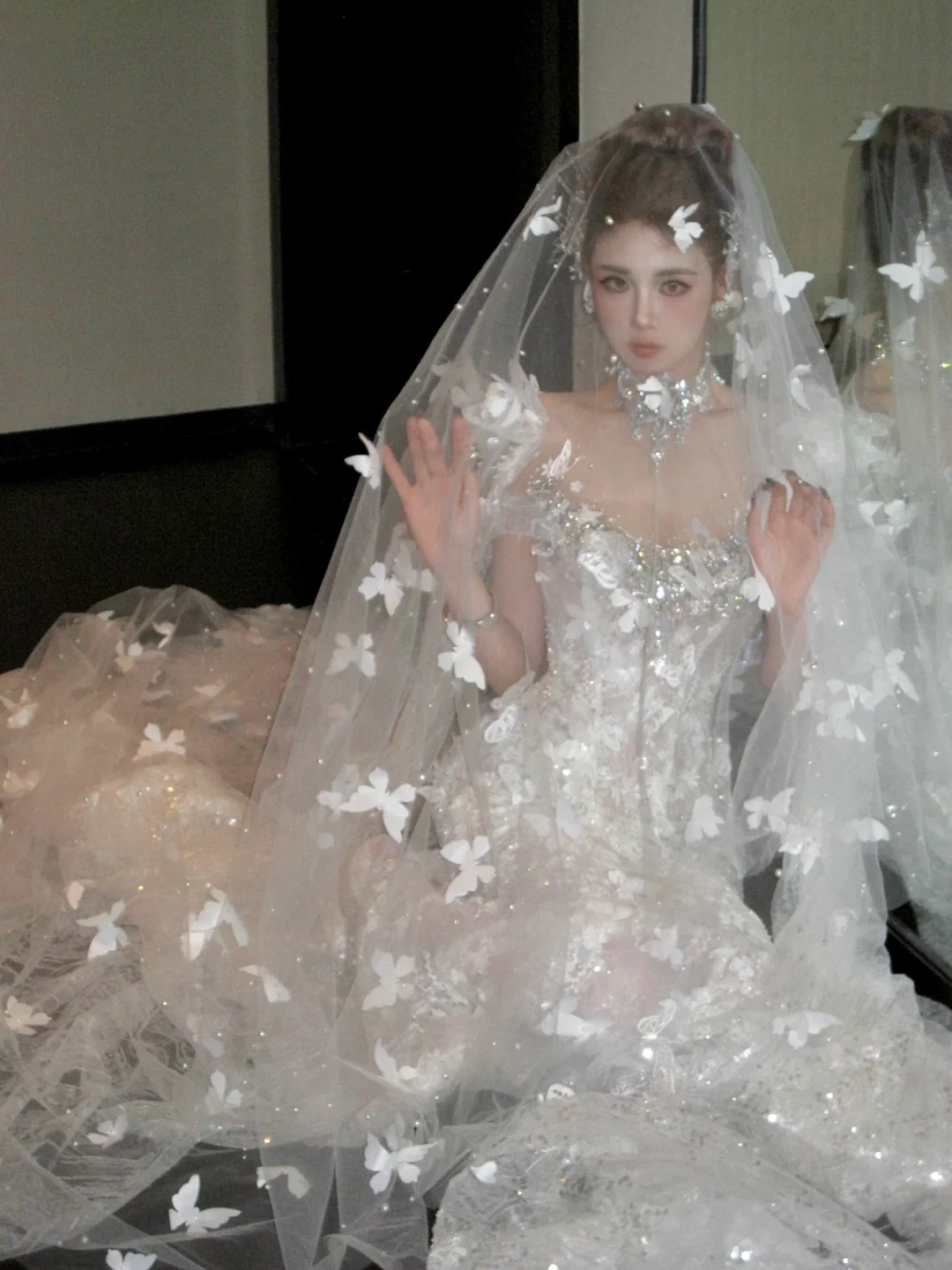 Hermoso vestido de novia de sirena, escote redondo, encaje, lentejuelas, blanco, largo, de lujo, WD088
