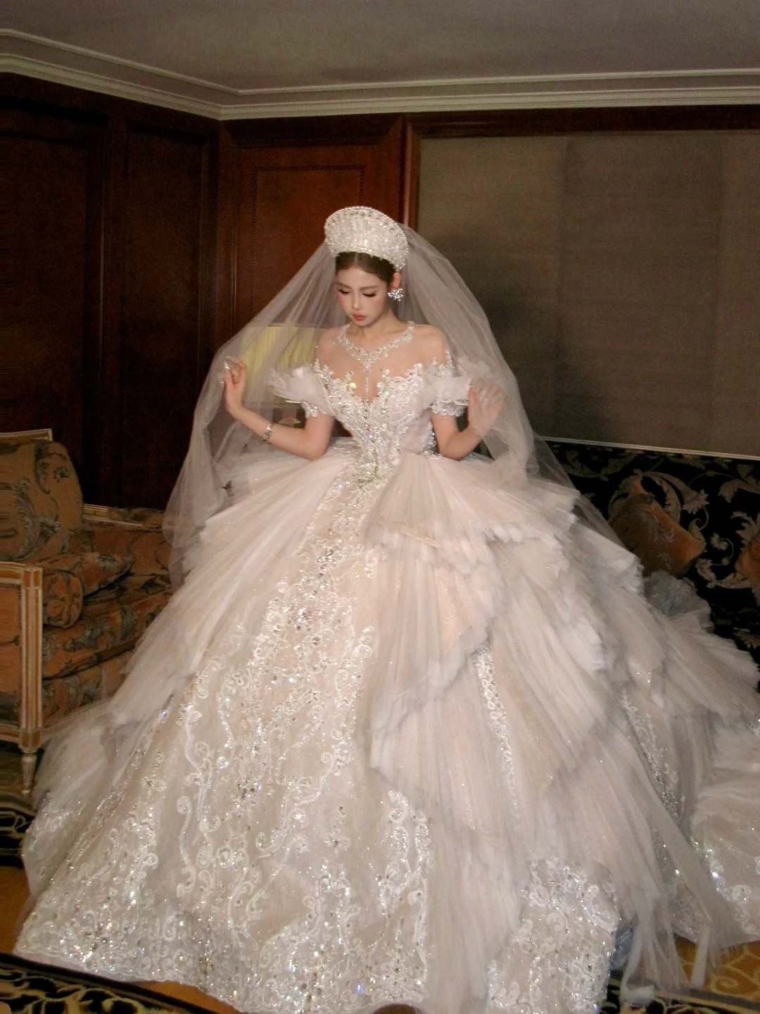 Hermoso vestido de novia de tul blanco largo y escote redondo, de lujo, WD090