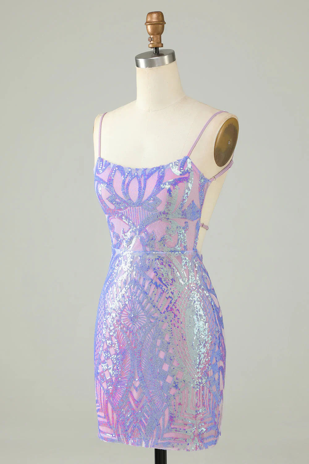 Vestido de fiesta elegante en morado claro con lentejuelas, diseño de encaje, corte A y tirantes finos TP3627