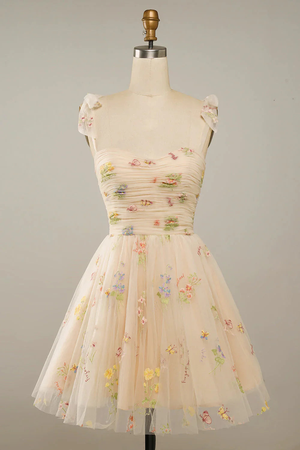 Charming Floral Embroidery Design A-line Tulle Spaghetti Strap Homecoming Dress TP3639