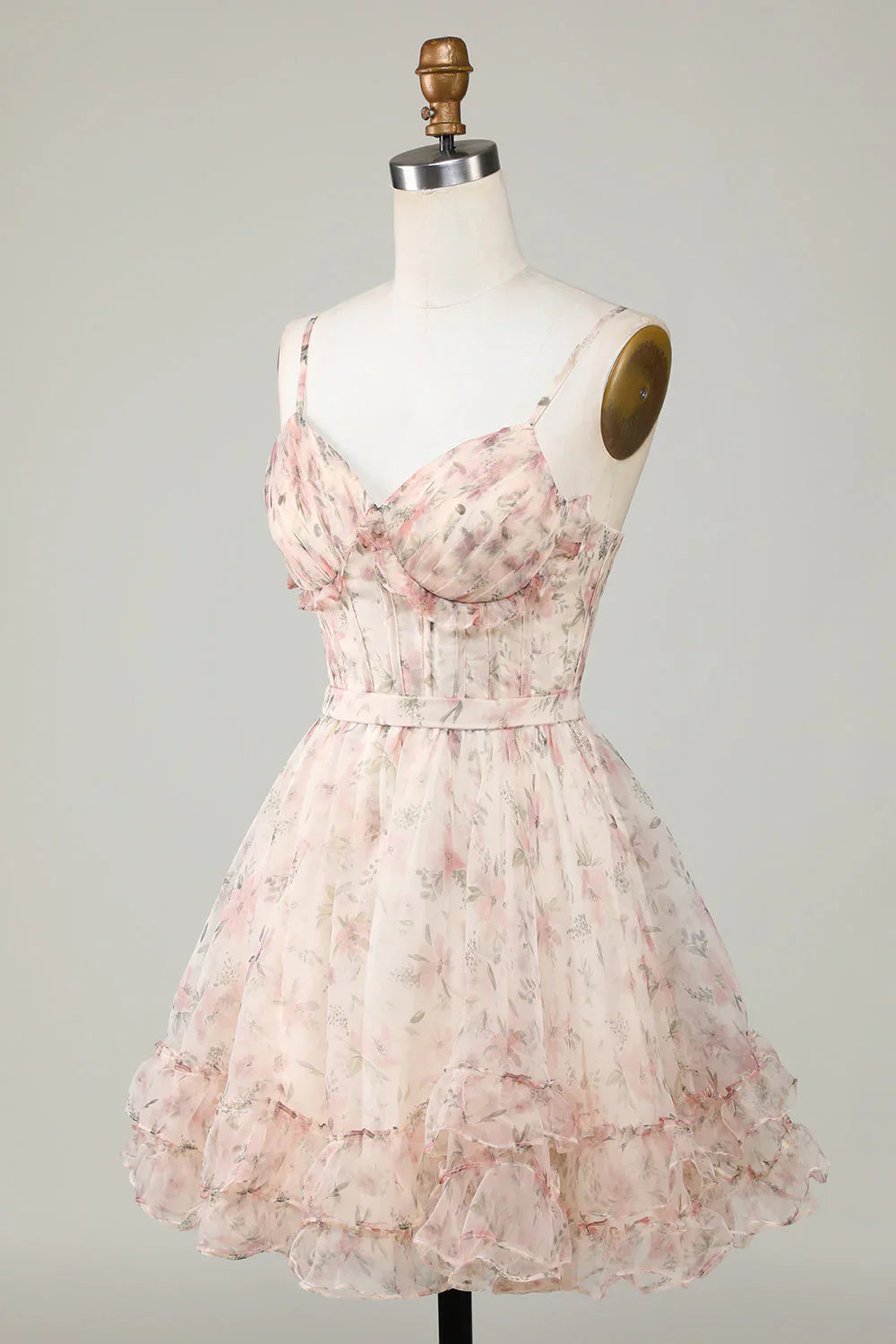 Vestido de fiesta con tirantes finos, corte A, diseño floral y corsé color champán, TP3642