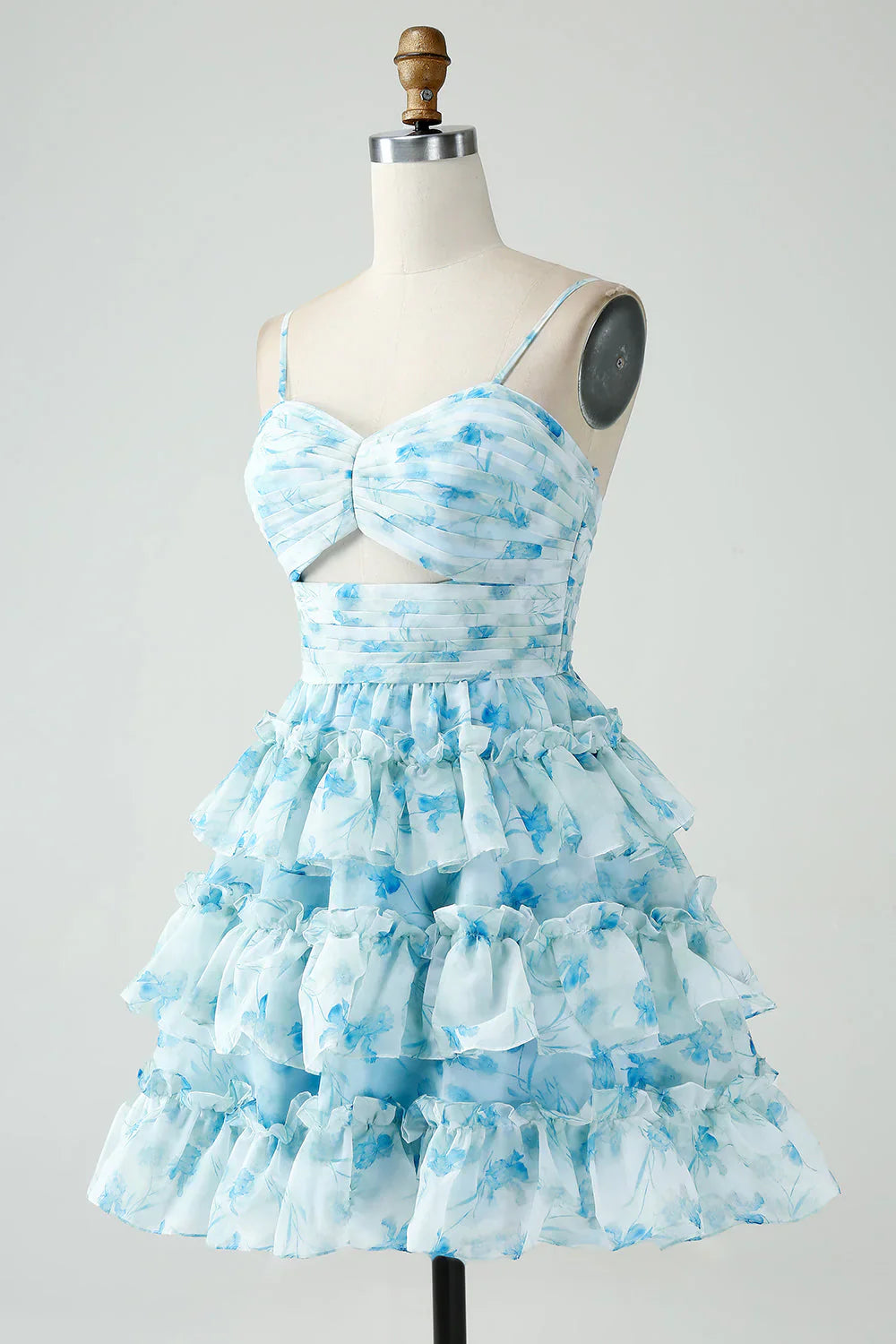 Vintage Light Blue Floral Design A-line Spaghetti Strap Tiered Homecoming Dress TP3455