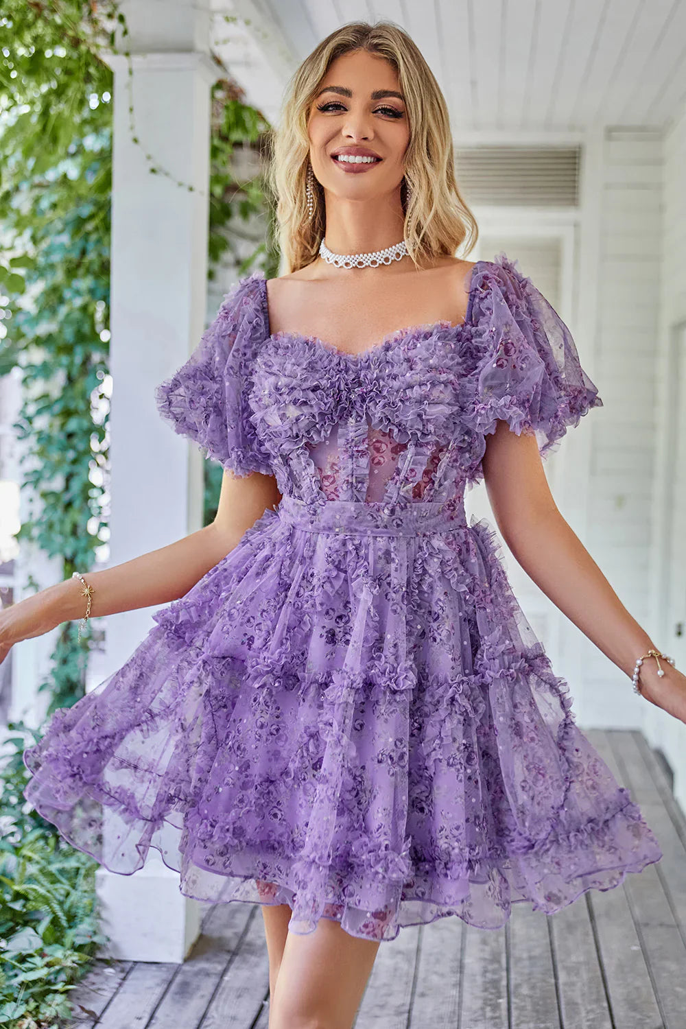 Vestido de fiesta de graduación con hombros descubiertos, diseño floral, corte A y capas, TP3652
