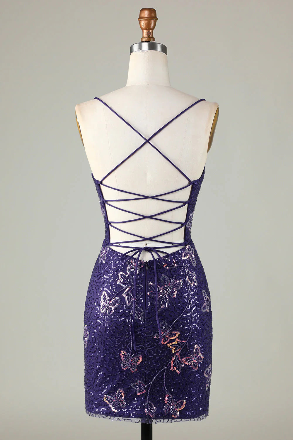 Charming Purple Sequin Design A-line Lace-up Spaghetti Strap Homecoming Dress TP3630