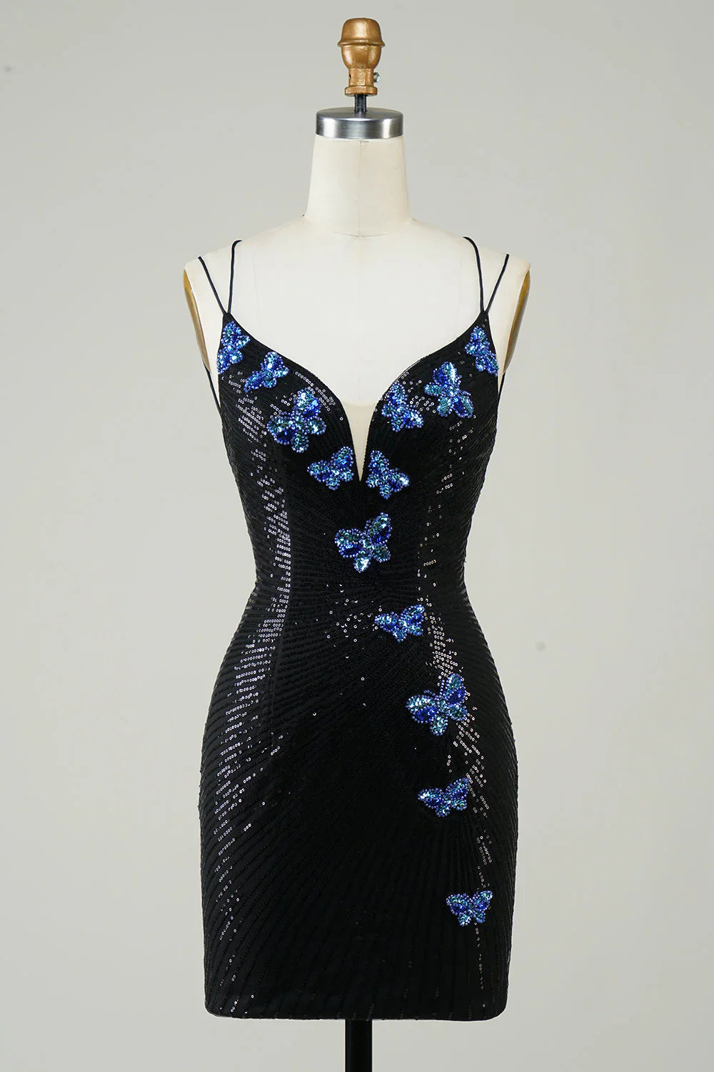 Vestido de fiesta con diseño de mariposa y lentejuelas negras, corte A, tirantes finos y cordones, TP3631