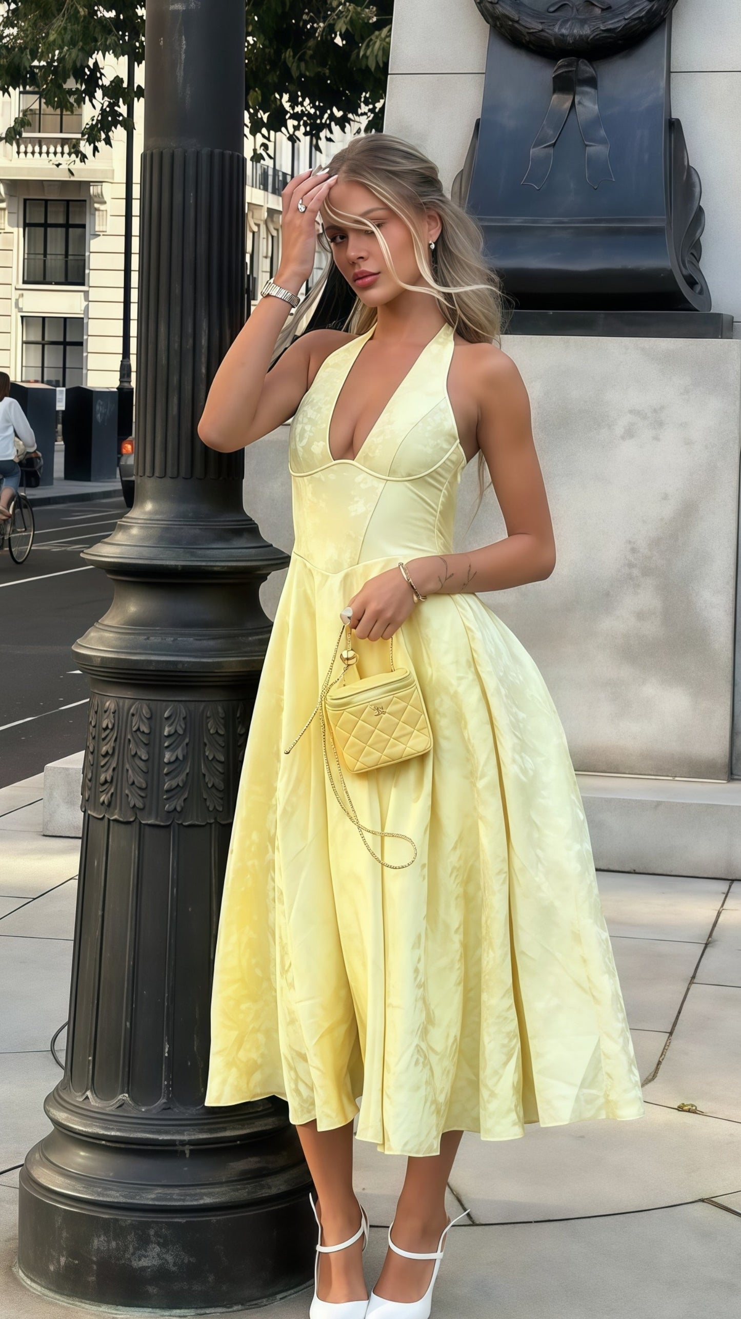 Yellow Halter Floral Print Party Dress, Tea Length Prom Dress,AST1756