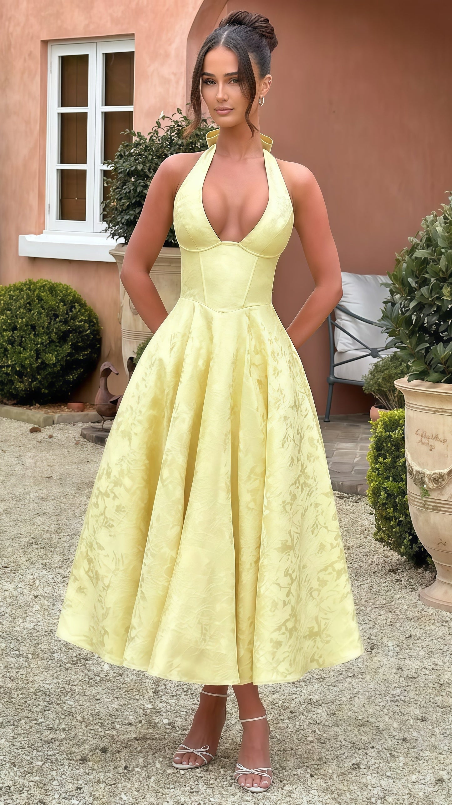 Yellow Halter Floral Print Party Dress, Tea Length Prom Dress,AST1756