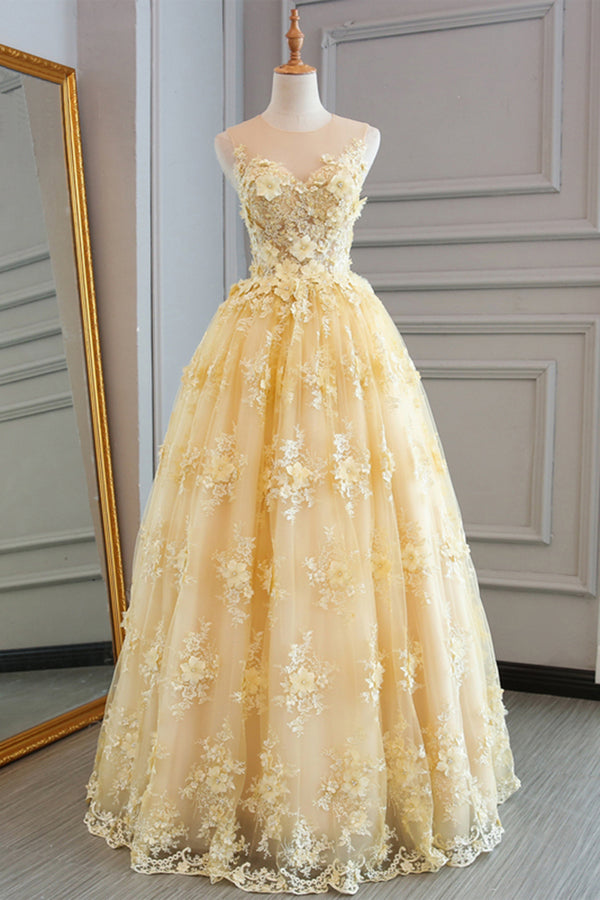 Vestidos de fiesta amarillos de tul con cuello transparente, encaje floral y largo hasta el suelo