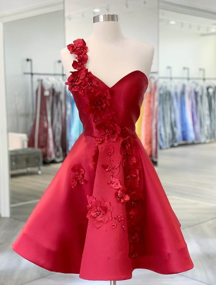 A-Line Backless Homecoming Dresses Red Mini Sleeveless One Shoulder Graduation Dress With Appliques SH760