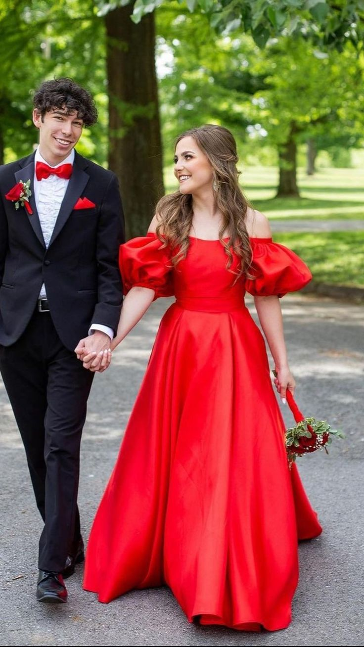 Vestido de fiesta de satén rojo con mangas abullonadas y corte A, vestido de noche formal