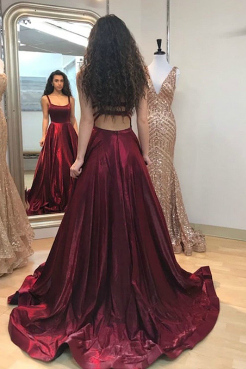Vestido de fiesta burdeos con corte en A y bolsillos, vestido formal sexy