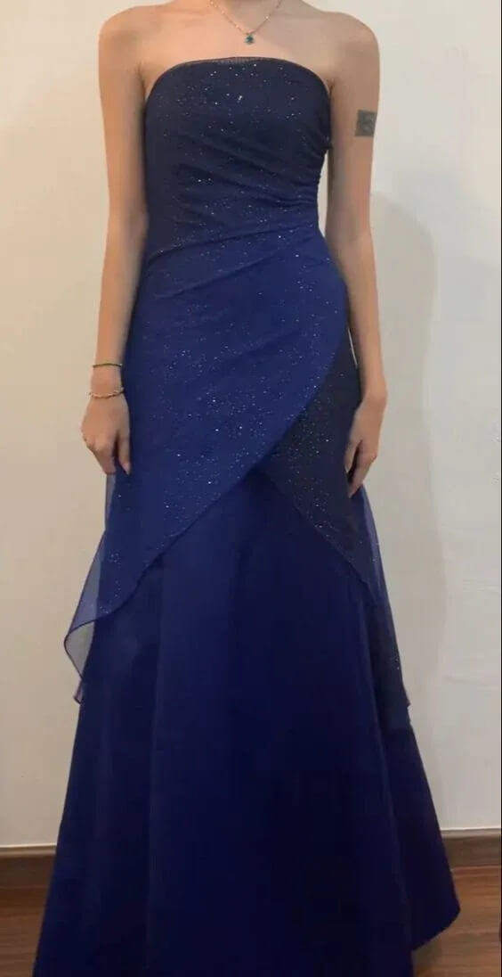 Vestido de fiesta largo azul marino sin tirantes para mujer