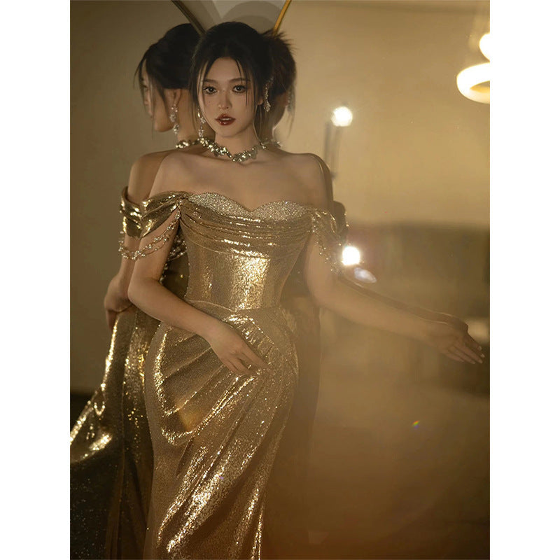 Vestido de noche con lentejuelas doradas brillantes, vestidos de fiesta de sirena