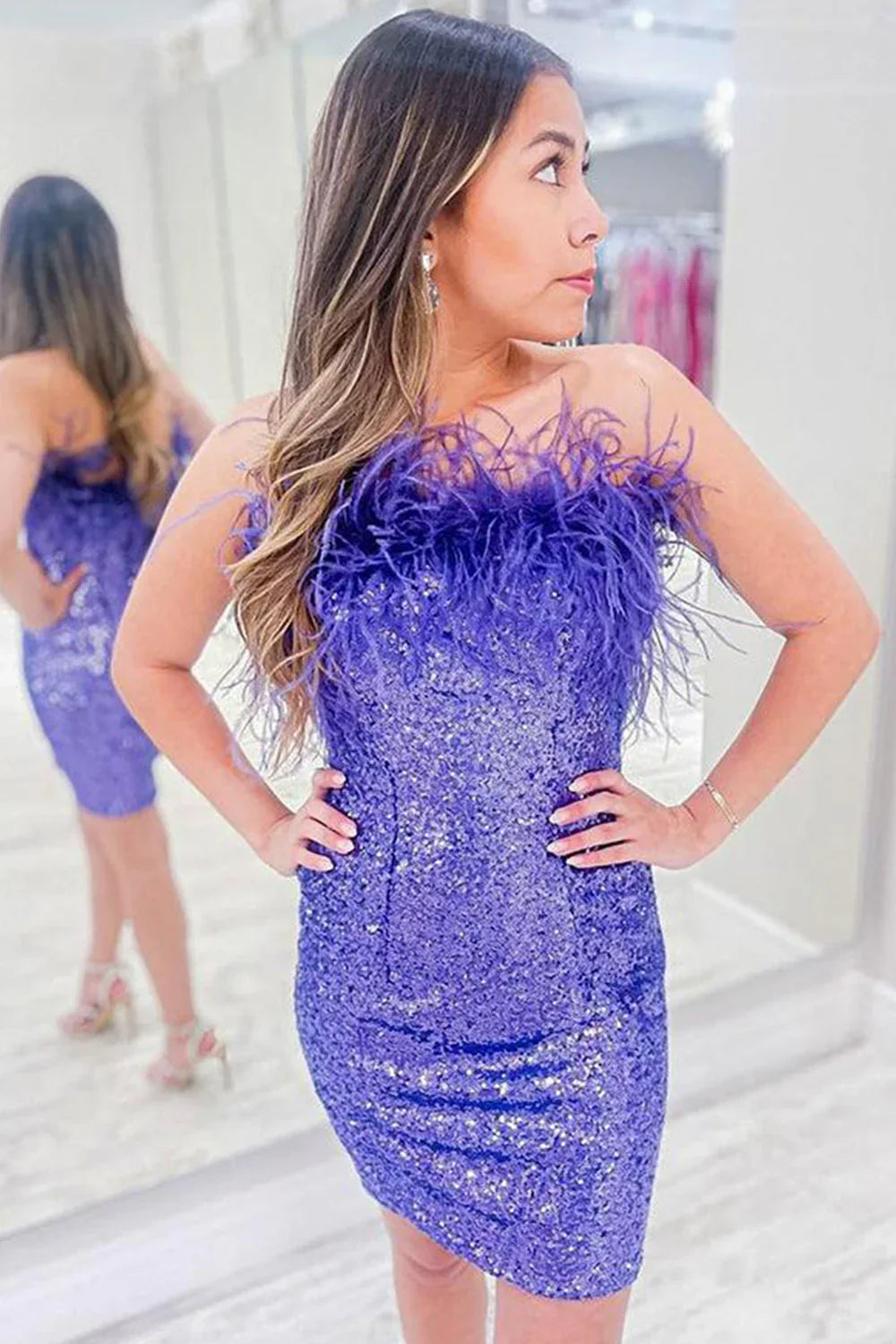 Red Gorgeous Shiny Off Shoulder Feather Bodycon Mini Short Homecoming Dress Party Dress gh1319
