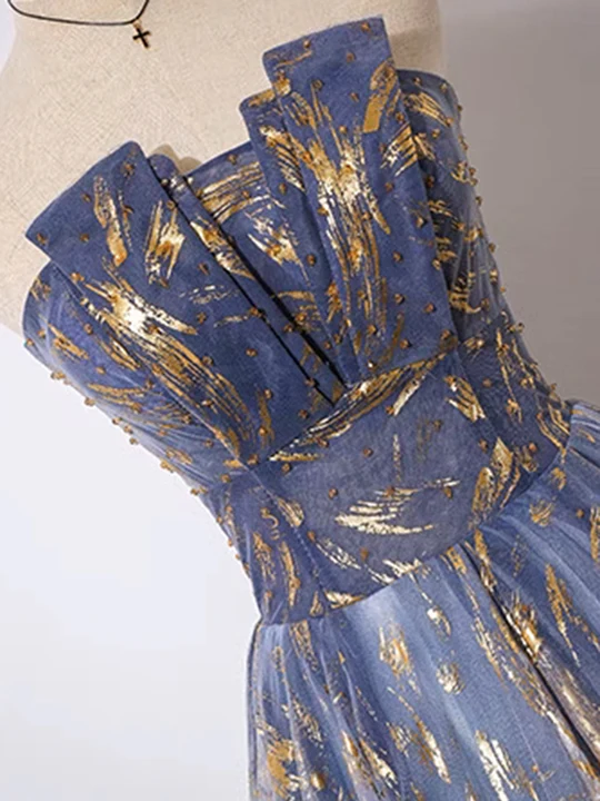 Vestido de fiesta de tul con corte A, sin tirantes y lentejuelas azules retro, vestido de regreso a casa TP4073