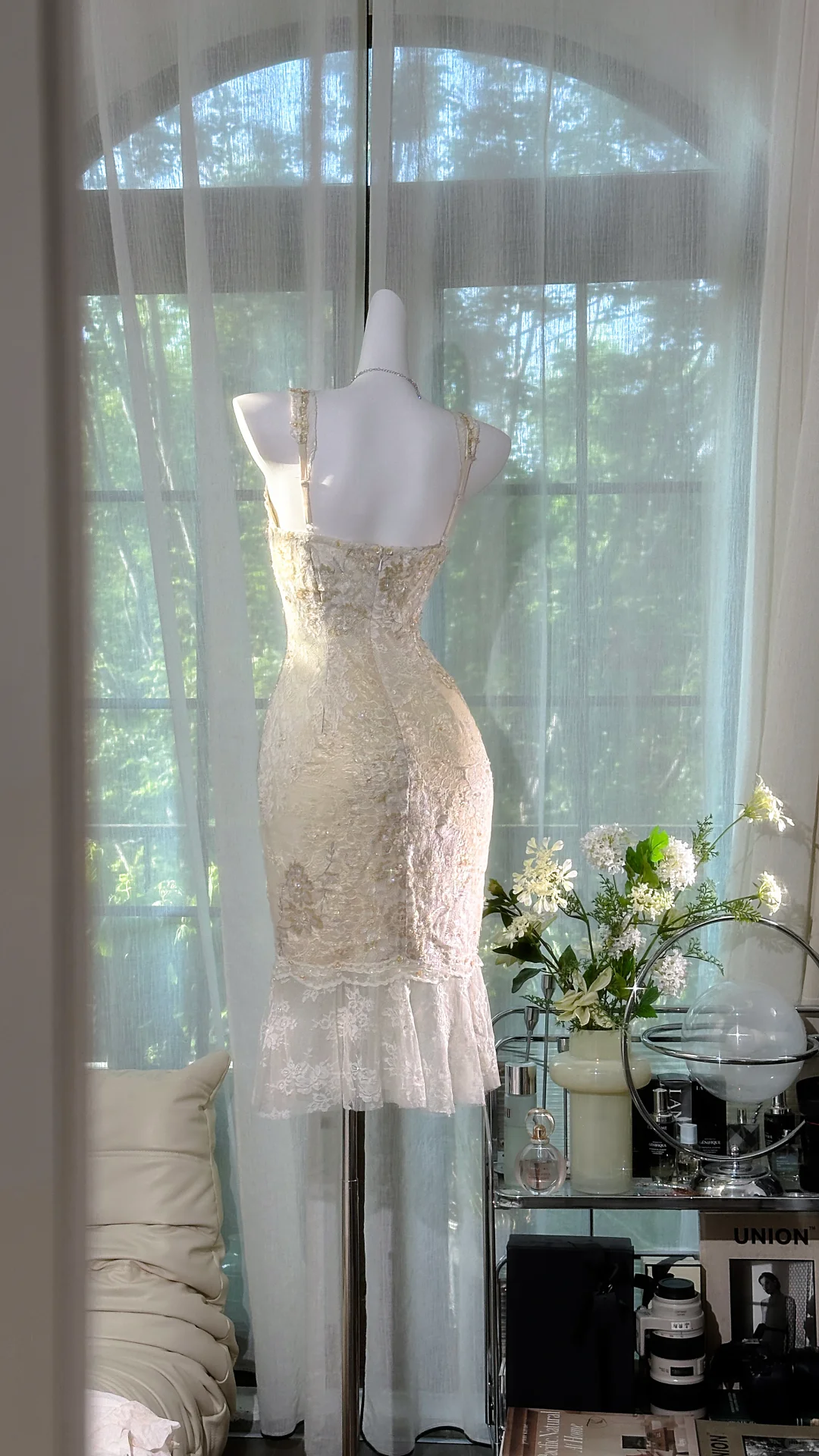Vestido vintage de encaje color marfil para fiesta de bienvenida, con lentejuelas brillantes y escote en V, vestido de cóctel TP4553