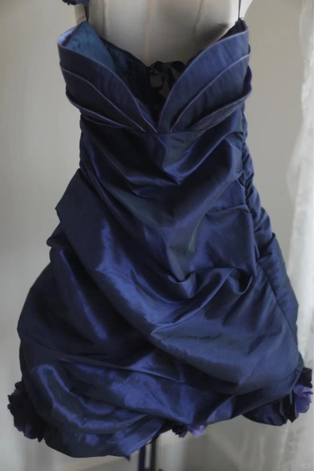 Dark blue irregular pleated short satin homecoming dress a-line princess dress birthday dress gh4376