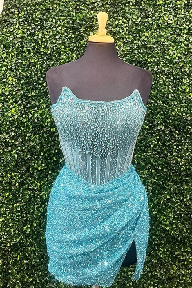 Vestido de fiesta rosa sin tirantes, con lentejuelas y cuentas