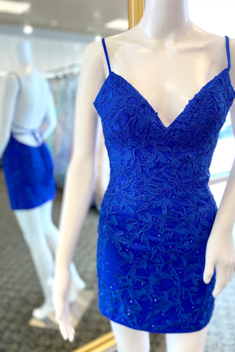 Minivestidos de cóctel azul rey con espalda descubierta y apliques
