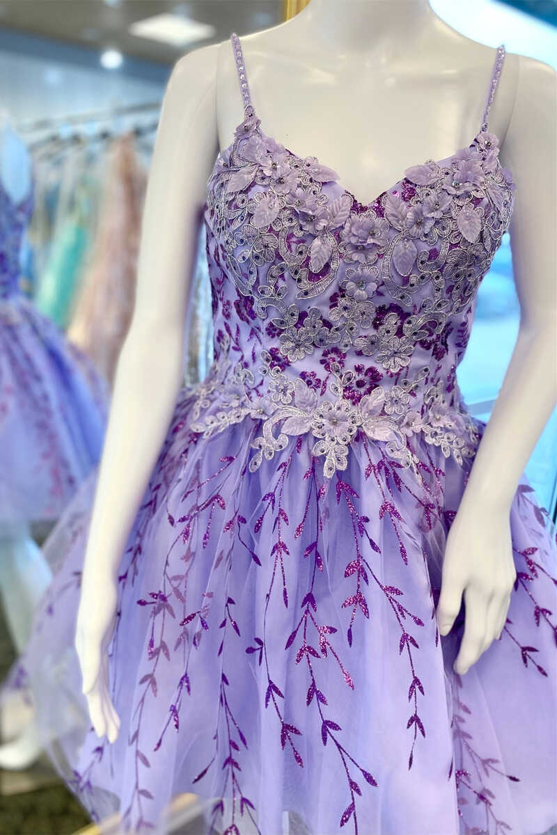 Vestido corto de fiesta de corte A con apliques florales color lavanda