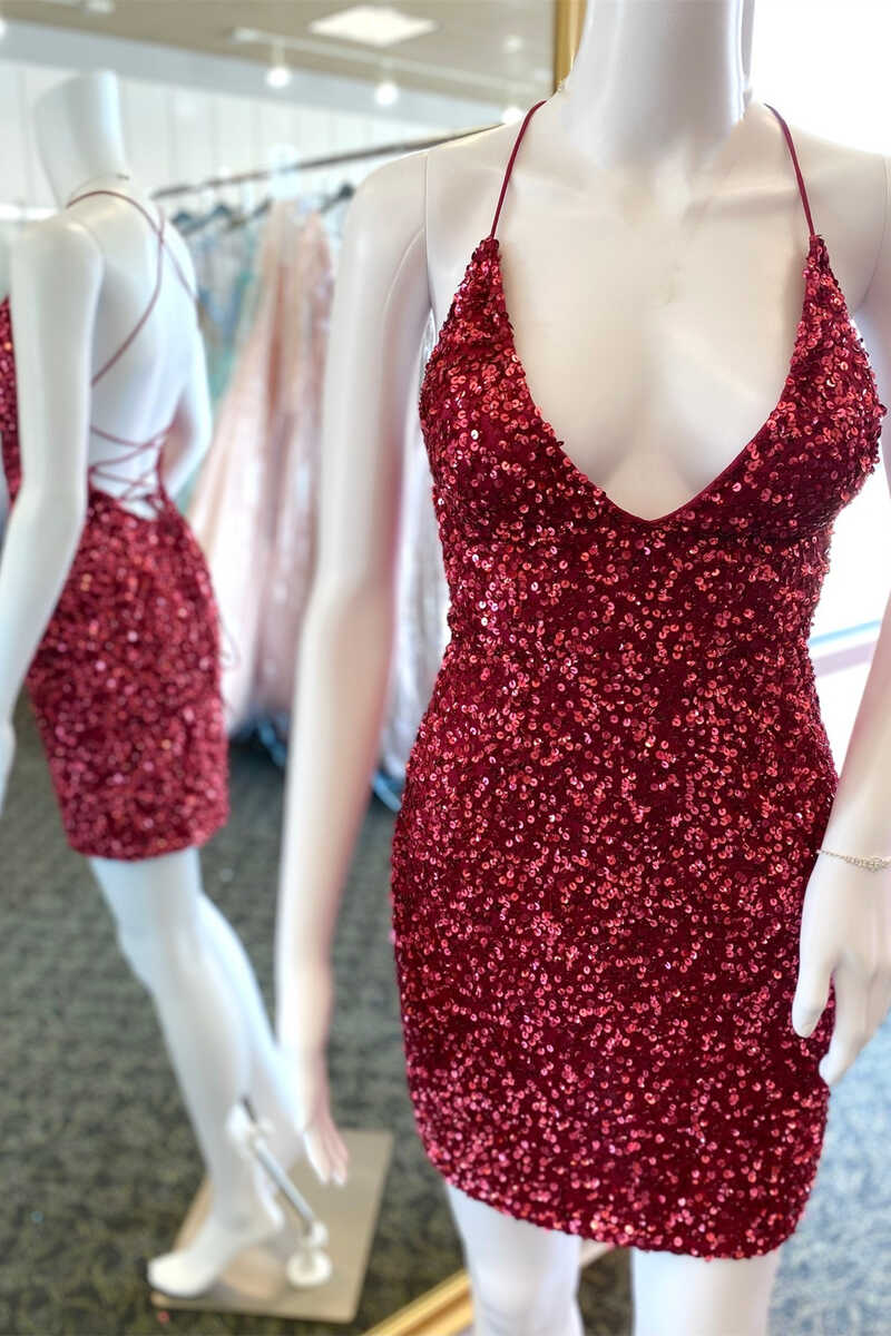 Vestido corto de fiesta con escote en V y lentejuelas rojas brillantes para regreso a casa