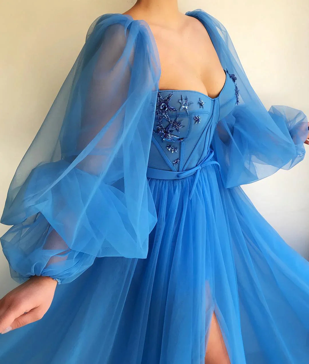 Purple puff sleeves long sleeves long ball gown evening dress gh1075