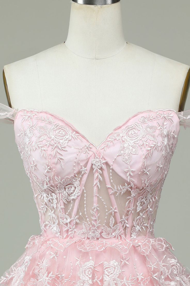 Vintage Pink Floral Embroidery Design A-line Off-the-shoulder Tiered Homecoming Dress TP3418