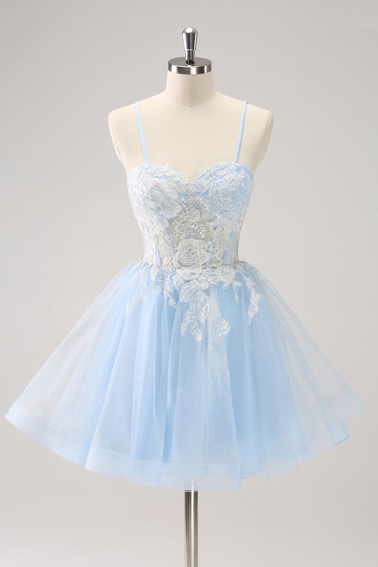 New Fashion Light Blue Flower Embroidery Design A-line Spaghetti Strap Homecoming Dress TP3416