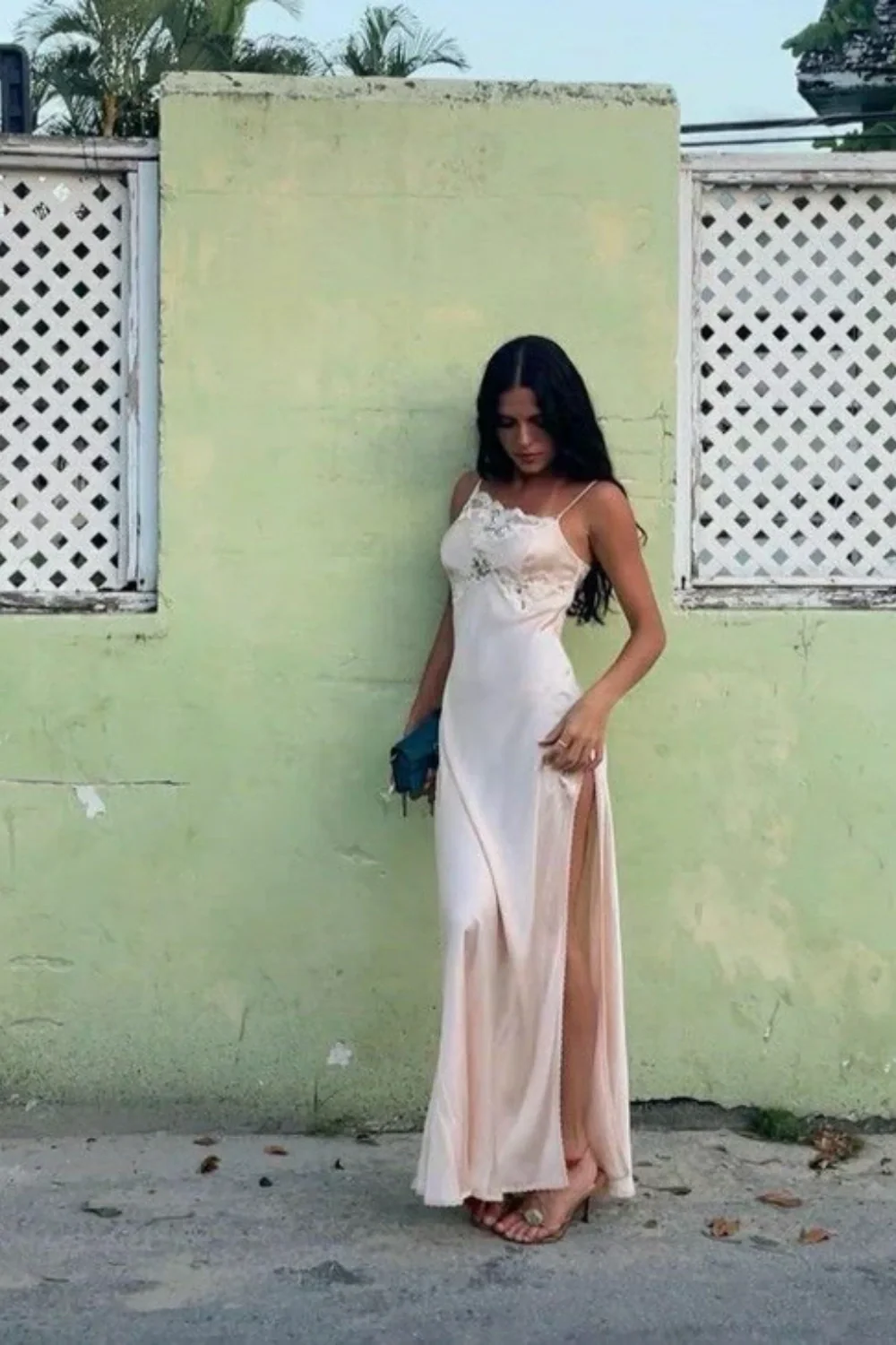 shopuniqlos--Light pink sexy elegant lace long slit prom dress party dress gh5506