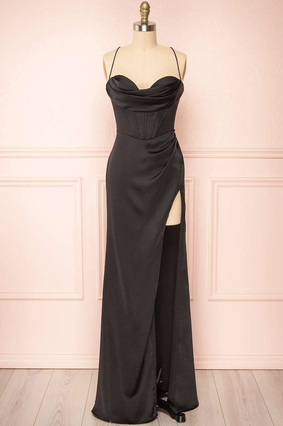Vestido de fiesta largo fruncido con cuello vuelto y cordones en color burdeos, vestidos de fiesta negros