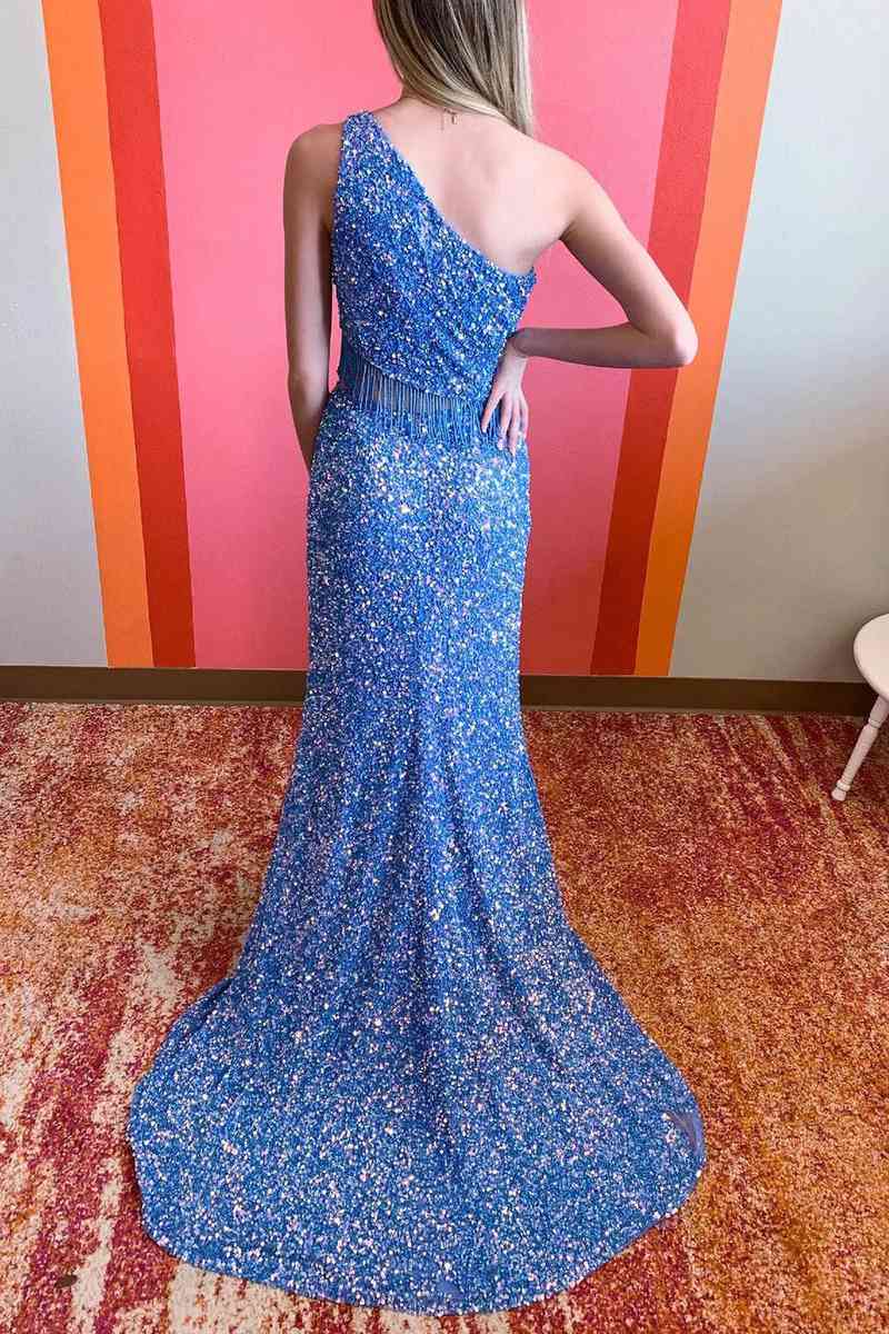 Vestido de fiesta largo de un solo hombro con lentejuelas de dos piezas verde y borlas, vestidos de gala elegantes