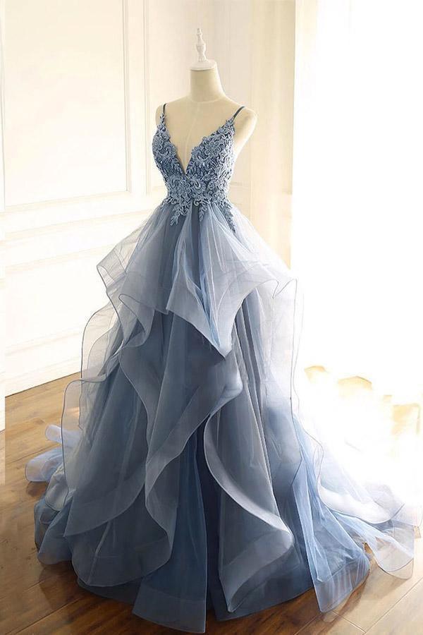 Vestido de fiesta largo con volantes, escote en V y encaje azul grisáceo, espalda abierta y vestidos de noche