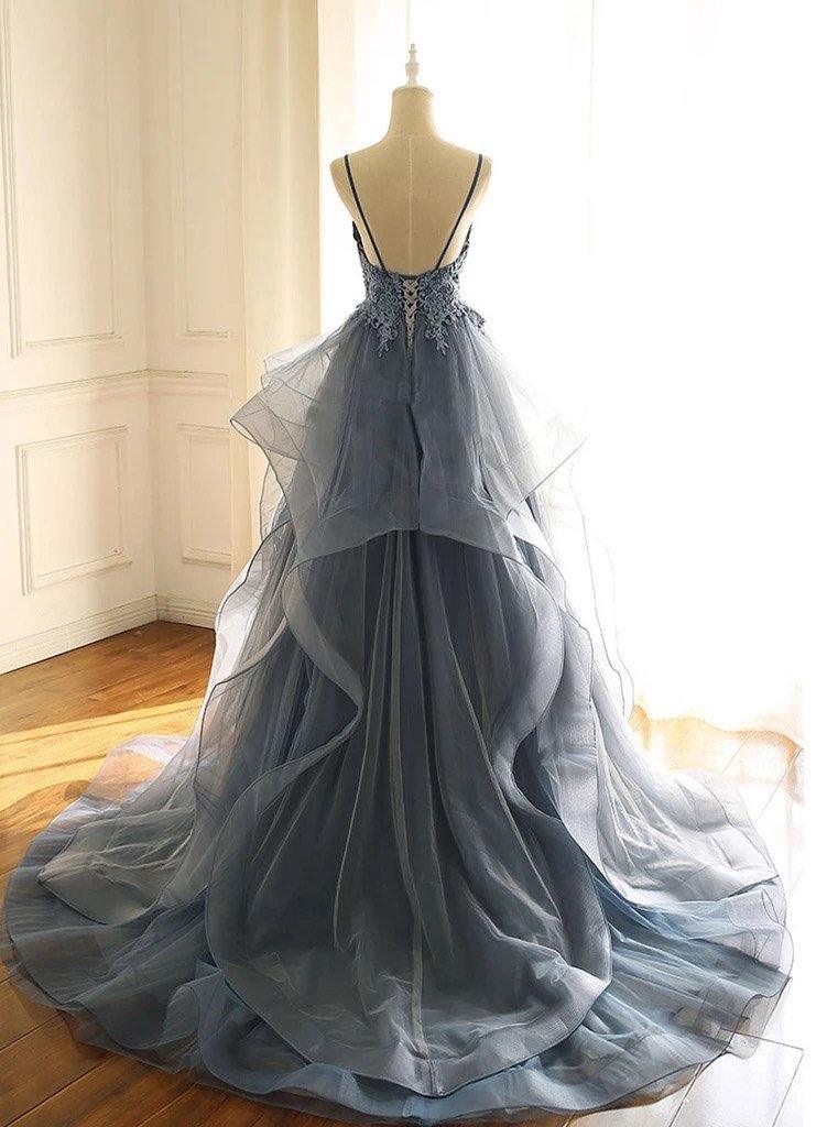 Vestido de fiesta largo con volantes, escote en V y encaje azul grisáceo, espalda abierta y vestidos de noche
