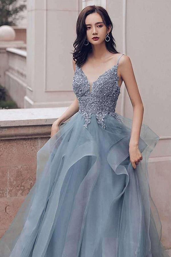 Vestido de fiesta largo con volantes, escote en V y encaje azul grisáceo, espalda abierta y vestidos de noche
