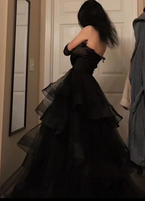 Sweetheart Black Rufflue Long Prom Evening Dress cg24824
